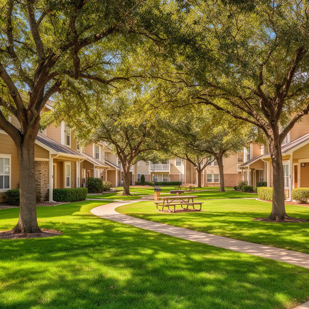 Tree-lined courtyard at Charlemagne Apartments