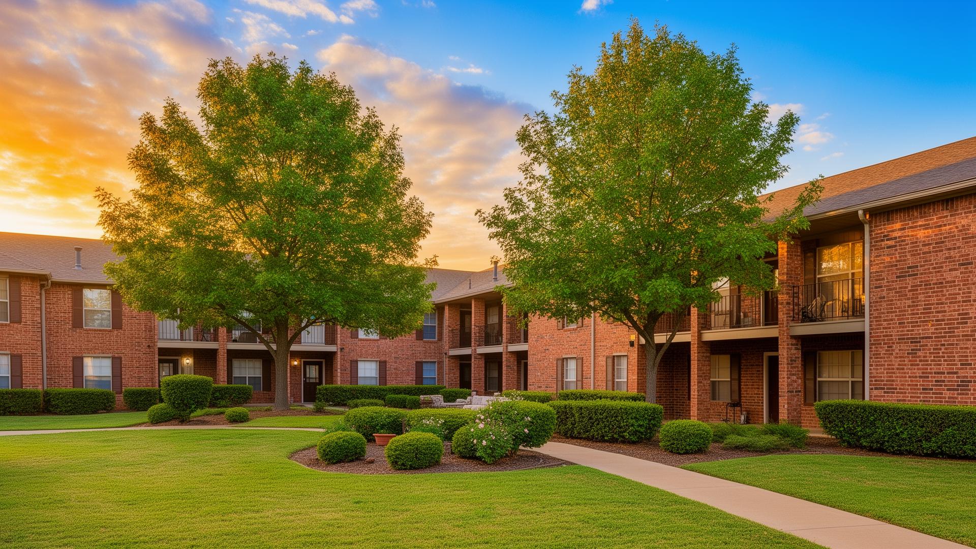 Charlemagne Apartments brick exterior with mature trees and landscaping at sunset